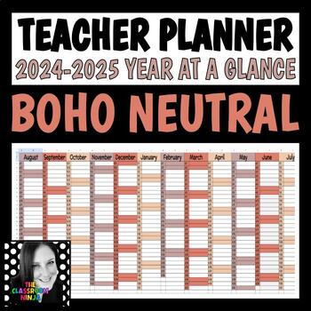Preview of Teacher Planner Year at a Glance Google Sheet Editable in BOHO NEUTRAL COLORS