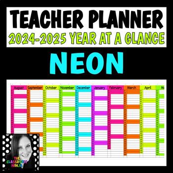 Preview of Teacher Planner Year at a Glance Google Sheet Editable in NEON COLORS