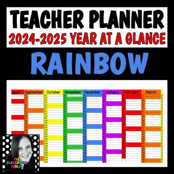 Preview of Teacher Planner Year at a Glance Google Sheet Editable in RAINBOW COLORS