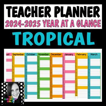 Preview of Teacher Planner Year at a Glance Google Sheet Editable in TROPICAL BOLD COLORS