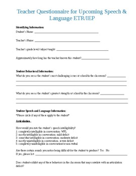Preview of Teacher Questionnaire for Upcoming Speech & Language ETR/IEP