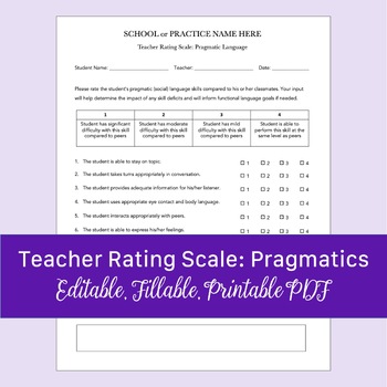 Preview of Teacher Rating Scale: Pragmatic Language for Speech Therapy | Fillable PDF