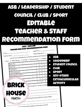 Preview of Teacher Recommendation Form - ASB, Leadership, Student Council, Sports, Clubs