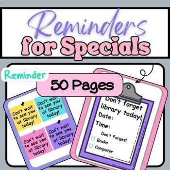 Preview of Teacher Reminder Notices Bundle: For Library, Music, and Art Class (Sticky Note)