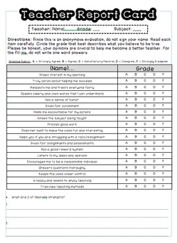 Preview of Teacher Report Card - End of year teacher evaluation by students