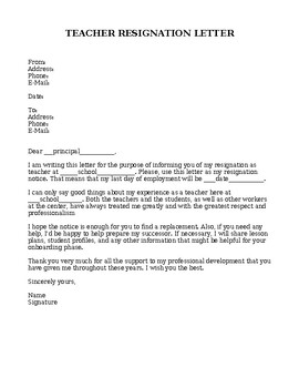 Preview of Teacher Resignation Letter Template