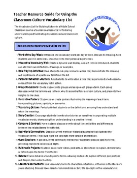 Preview of Teacher Resource Guide for Using the Classroom Culture Vocab. List