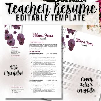 Preview of Teacher Resume & Cover Letter, Google Docs, ATS Friendly, Purple Flower Design