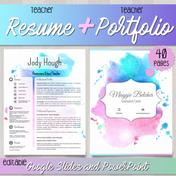 Preview of Teacher Resume + Portfolio for Interviews | EDITABLE Templates (Watercolor)