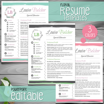 Preview of Teacher Resume Template + Cover Letter + References (FLORAL) PowerPoint EDITABLE