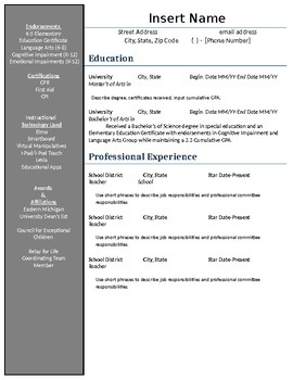 Preview of Teacher Resume Template (Editable)