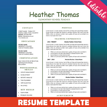 Preview of Teacher Resume Template, One Page Resume, New Teacher Resume, Education Resume