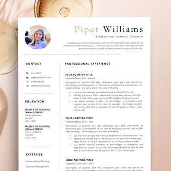 Preview of Teacher Resume Template With Photo, Google Docs Resume, Education Resume Writing