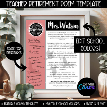Preview of Teacher Retirement Poem Party Gift, Elementary Middle High School Colors Retire