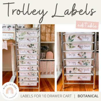 Preview of Teacher Rolling Cart Labels | Modern Greenery Decor | Botanical | Editable