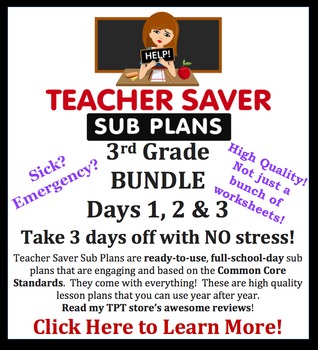 Preview of Teacher Saver Sub Plans - 3rd Grade Substitute Plans BUNDLE of 3 Full Days
