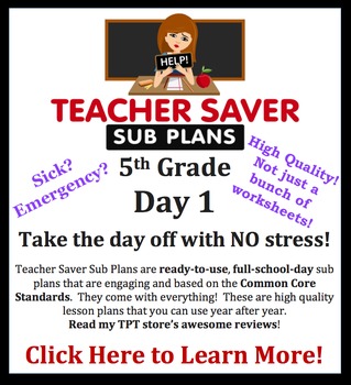 Preview of 5th Grade Sub Plans (Day 1) - An organized, clear, full day of substitute plans.