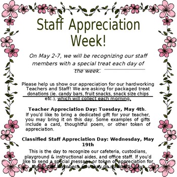 Preview of Teacher &Staff Appreciation Week Flyer in English& Spanish(Editable &fillable)