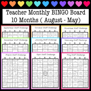 Preview of Teacher / Staff Monthly Game BINGO Board 10 Months (August - May) BUNDLE Deal!