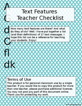 Preview of Teacher Text Feature Checklist