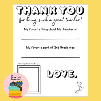 Teacher Thank You Card - End of Year Gift / Teacher Appreciation