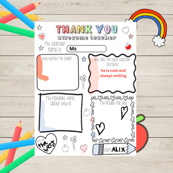 Preview of Teacher Thank You gift Printable Teacher Thank You Coloring Page Kids