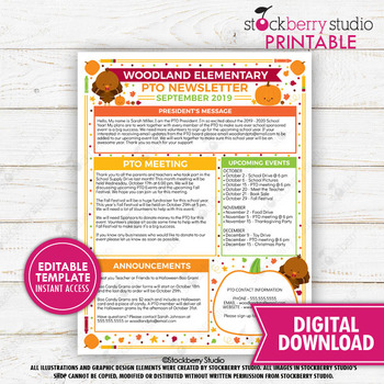 Preview of Teacher Thanksgiving Newsletter Pumpkin PTO PTA School Flyer Printable Editable