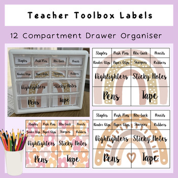 Preview of Teacher Toolbox Boho Labels | Editable | Stationery Organiser | 12 Compartments