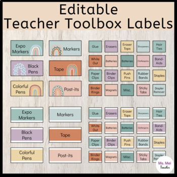 Preview of Teacher Toolbox Labels - 26 Drawer - Boho Rainbow and Neutral Colors - EDITABLE