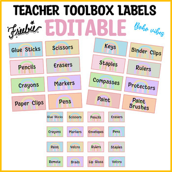 Preview of Teacher Toolbox Labels, Editable Boho Rainbow Pastel Teacher Toolbox Labels