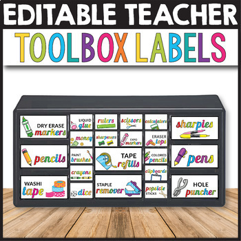 Preview of Teacher Toolbox Labels Editable Classroom Supply Label With Pictures Class Decor