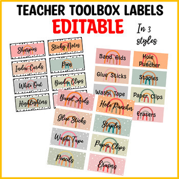 Preview of Teacher Toolbox Labels, Editable Boho Rainbow Teacher Toolbox Labels