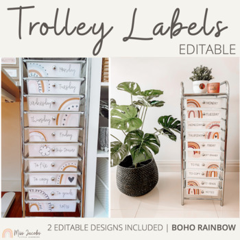 Preview of 10 Drawer Rolling Cart Labels | Modern BOHO RAINBOW Neutral Teacher Trolley
