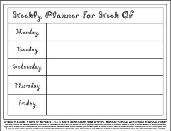 Preview of Teacher Weekly Planner 5 Days Week Horizontal Printable Black Fabric Font