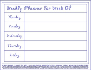 Preview of Teacher Weekly Planner 5 Days Week Horizontal Printable Cool Blue Fabric Font