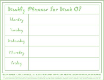 Preview of Teacher Weekly Planner 5 Days Week Horizontal Printable Green Fabric Font