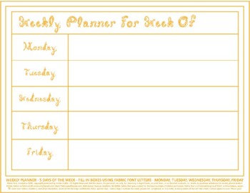 Preview of Teacher Weekly Planner 5 Days Week Horizontal Printable Orange Fabric Font