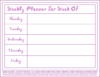 Preview of Teacher Weekly Planner 5 Days Week Horizontal Printable Orchid Fabric Font