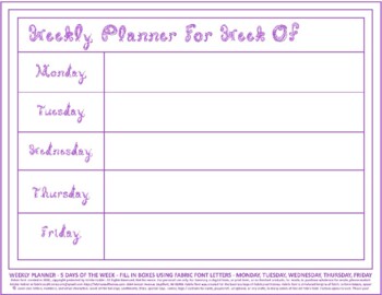 Preview of Teacher Weekly Planner 5 Days Week Horizontal Printable Purple Fabric Font