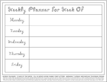 Preview of Teacher Weekly Planner 5 Days Week Horizontal Printable Silver Gray Fabric Font