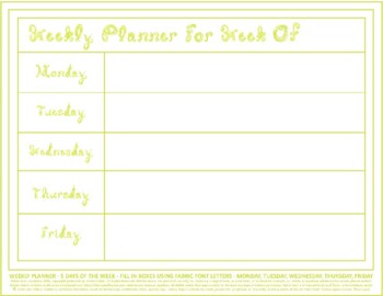 Preview of Teacher Weekly Planner 5 Days Week Horizontal Printable Warm Green Fabric Font