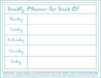 Preview of Teacher Weekly Planner 5 Days Week Of Horizontal Printable Aqua Blue Fabric Font
