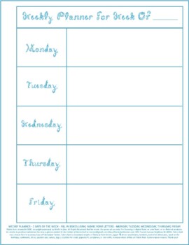 Preview of Teacher Weekly Planner 5 Days Week Vertical Printable Aqua Blue Fabric Font