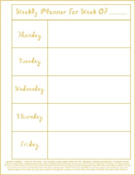 Preview of Teacher Weekly Planner 5 Days Week Vertical Printable Gold Fabric Font