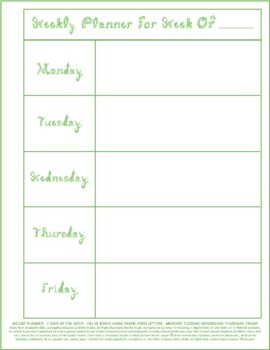 Preview of Teacher Weekly Planner 5 Days Week Vertical Printable Green Fabric Font