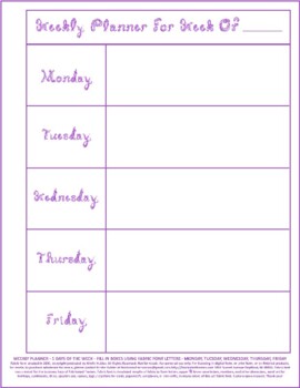 Preview of Teacher Weekly Planner 5 Days Week Vertical Printable Purple Fabric Font