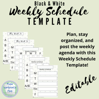 Preview of Teacher Weekly Schedule Planner Template *BLACK & WHITE* - Teacher Resource