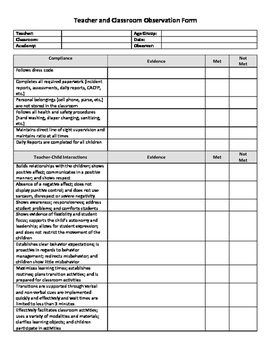 Preview of Teacher and Classroom Observation Form