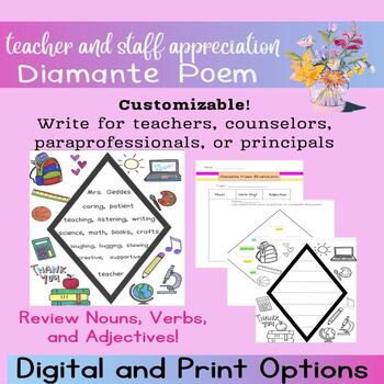 Preview of Teacher and Staff Appreciation Diamante Poetry Writing- Print and Digital
