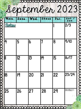 Teacher calendar (English) 2023-24- SUCCULENT/CURSIVE theme | TPT